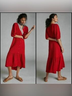 Anthropologie Red V-Neck Button-Front Midi Dress